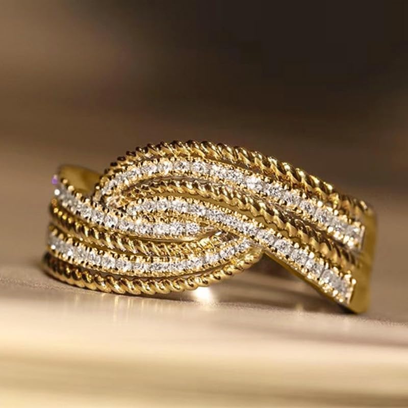 ENDLESSNESS & ETERNITY Cocktail Statement Criss-cross Intertwined Wedding Band CZ Cubic Zirconia 14K Gold Plated Half Eternity Promise Band - Image 6