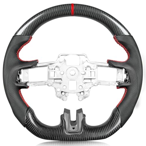 TESFEEL Carbon Fiber Steering Wheel for Mustang 2018-2023 Black Nappa Perforated Leather with Hand Stitching D-shaped Steering Wheel for Mustang EcoBoost/GT for Shelby GT350/GT350R