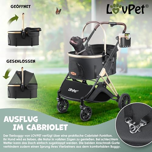 LOVPET® Hundewagen 3in1 Hundebuggy bis 20kg Hundebox Transporttasche faltbar klappbar Große Räder Netzfenstern Regenschutzabdeckung Getränkehalter Kuscheldecke Katzenbuggy Jogger Buggy für Haustiere