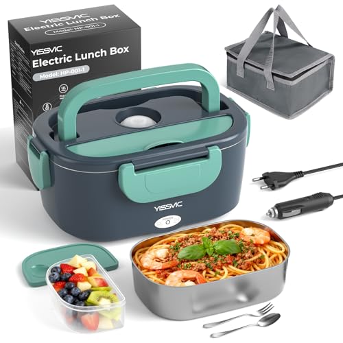 YISSVIC Scaldavivande Elettrico Portatile 1.5L con Borsa Pranzo - 4 in 1 (12V/24V/220V) 60W, Acciaio Inox, Forchetta e Cucchiaio Inclusi - Ideale per Auto, Ufficio e Viaggi