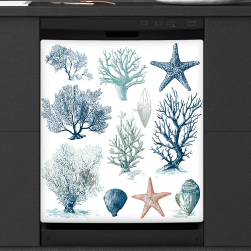 Calcomanía magnética para lavavajillas con diseño de estrella de mar y coral azul marino para decoración de electrodomésticos de cocina, cubierta magnética reutilizable para el panel del frigorífico