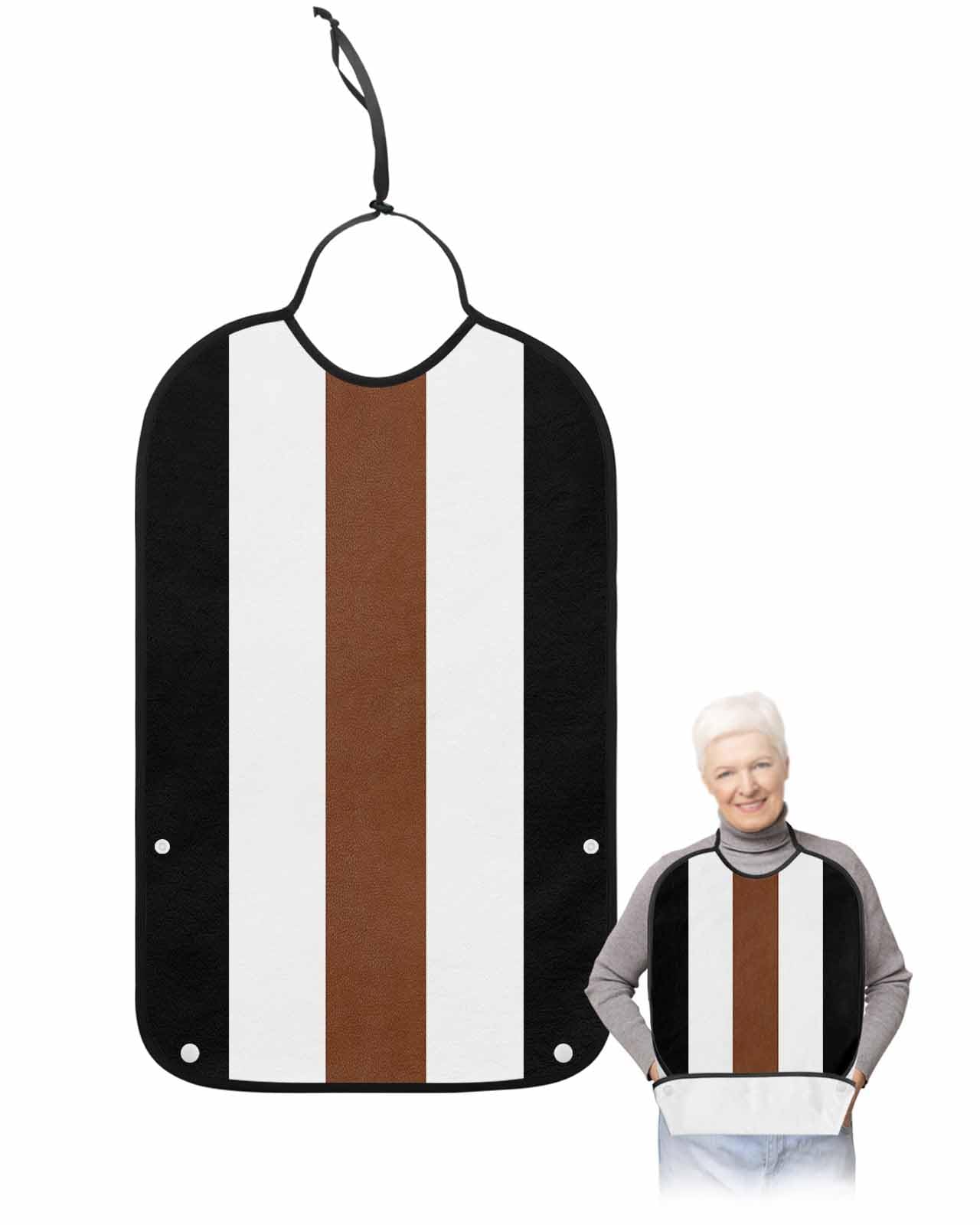 Geometric Stripes Adult Bib for Eating with Crumb Catcher,Washable & Waterproof Terry Cloth Adjustable Elderly Women Men Adult Bibs Apron Clothing Protector Boho Tribal Black Brown Whte Bohemia