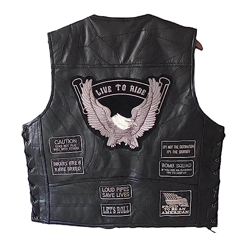 Men Leather Motorcycle Jacket Vest Cool Patches