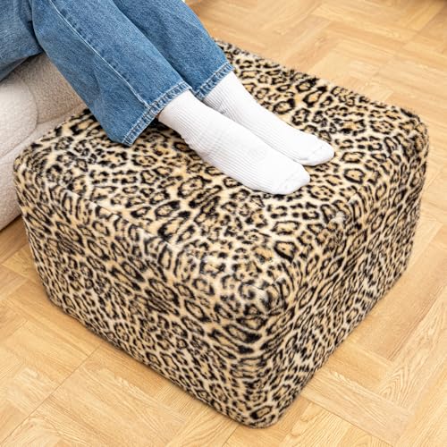 Poofieotto 20x20x14 Inches Fluffy Square Pouf Ottoman - Plush Furry Boneless Ottoman Foot Rest Stool with High-Density Foam Versatile Floor Seating for Living Room (Leopard Print)