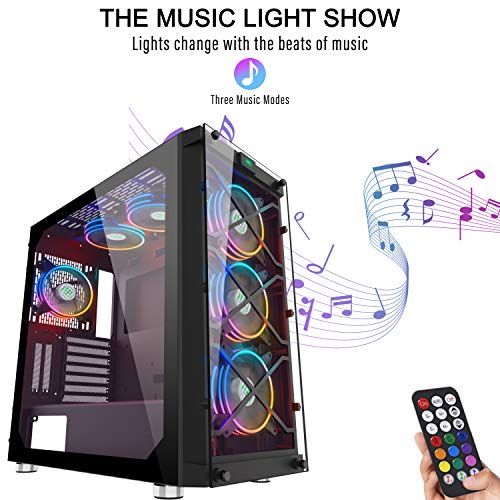 MUSETEX Phantom Black ATX Mid Tower Desktop Computer Gaming Case USB 3.0 Ports Tempered Glass Windows with 120mm LED RGB Fans Pre-Installed (BX6-MS6)