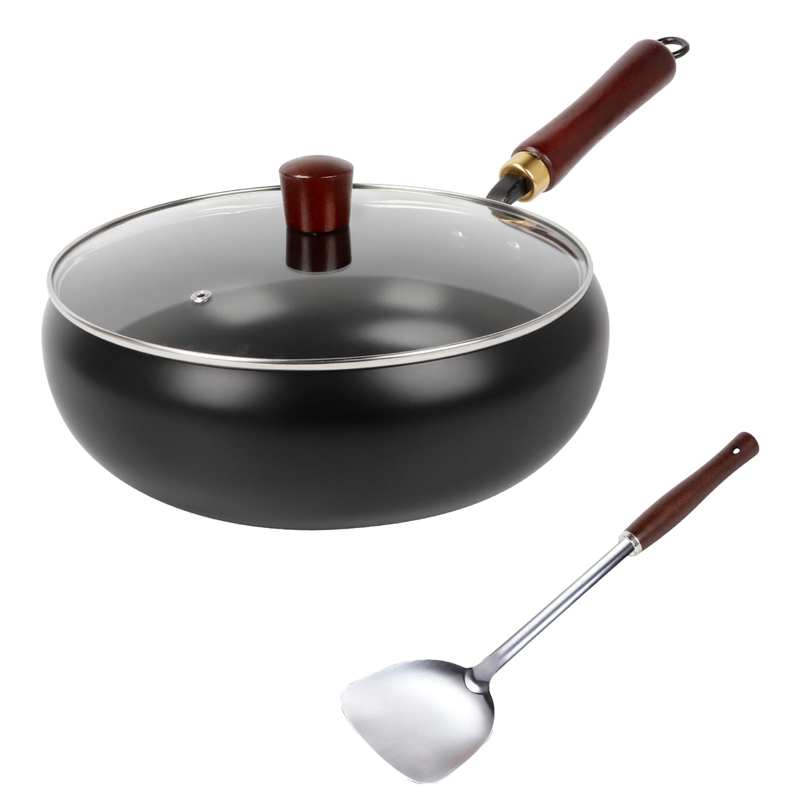 Padella Wok Antiaderente 28cm, Padella in Ghisa con Coperchio in Vetro, Mano in Legno e Pala, Pentola Wok Antiaderente Senza Rivestimento Forgiata a Mano, Tegame Saltapasta per Fornelli e Induzione