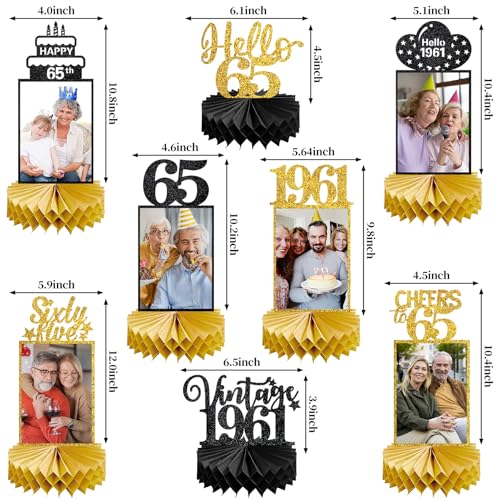 Image of Eucutur 8Pcs 65th Birthday Decorations Honeycomb Centerpieces for Women Men, Black Gold Vintage 1961 65th Bday Photo Table Centerpieces Party Supplies, Glitter Cheers to 65 Year Old Bday Table Topper