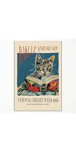 Vintage Cat and Book Poster, Wake Up and Read Inspiring Wall Art Canvas, Retro 1960 National Libr...