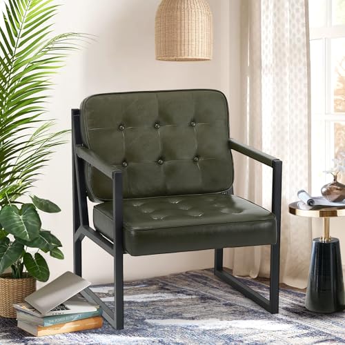 Image of COLAMY Accent Chairs Set of 2, Modern Accent Arm Chairs for Living Room, Comfy Leather Armchairs with Metal Legs for Reception Waiting Room Office Lobby, Green