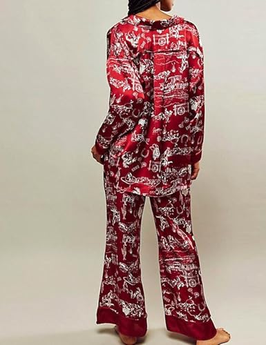 Image of Yimoon Satin Pajama Set for Women Silk Pajamas Set 2 Piece Floral Cute Pj Set Long Sleeve Pjs Sleepwear