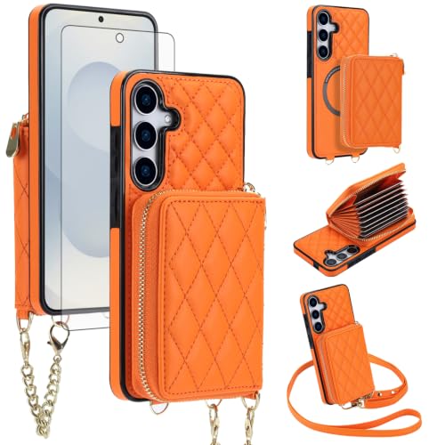 Étui portefeuille pour Samsung S25 Plus orange avec bandoulière et bloqueur RFID