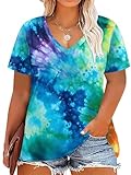 4XL Womens Tops Plus Size Green Tie Dye Basic V Neck Casual Short Sleeve T Shirts