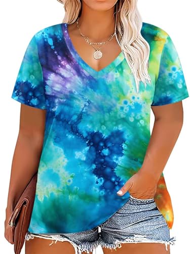 DOLNINE Womens Plus Size Tops Tie Dye Casual V Neck Summer Short Sleeve Loose Fit Shirts XL-5XL