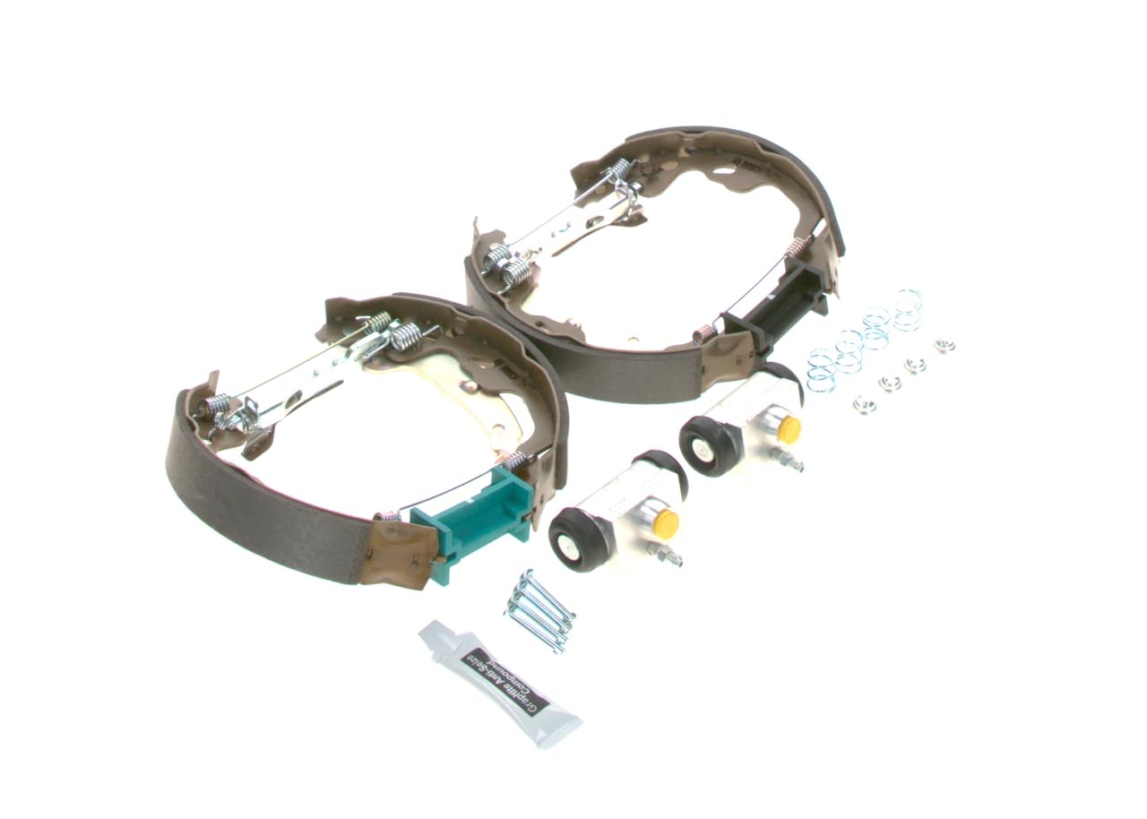 BOSCH Kit ganasce freno 0204114151 | Kit freno a tamburo posteriore - 1 set preassemblato, 2 cilindri freno a ruota, 4 ganasce freno