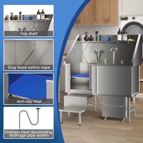 ROOMTEC-304-Stainless-Steel-Dog-Washing-Station-50-Inch-Professional-Dog-Grooming-Tub-Pet-Bathtub-with-Sink-Storage-DrawerLadder ROOMTEC 304 Stainless Steel Dog Washing Station 50 Inch Professional Dog Grooming Tub Pet Bathtub with Sink Storage DrawerLadder