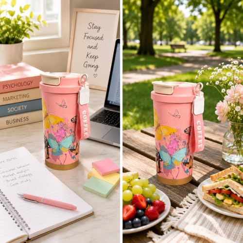 Image of Vasukie Stainless Steel Coffee Tumbler with Carrying Strap, Aesthetic Pink Butterfly & Floral Travel Mug, Leakproof Water Bottle for Women & Girls (500ML)