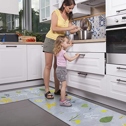 All Pride Kitchen Mat Non Slip Kitchen Rug 2Pcs Anti Fatigue Rugs Soft Washable Waterproof For Bathroom Floor Home Stand 17X27‘’+17X47‘’ Grey Lemon Large #TOP1