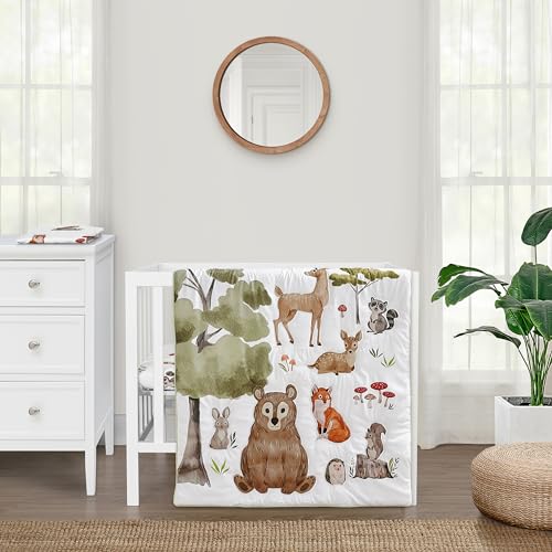 Image of Sweet Jojo Designs Woodland Forest Animals Boy Girl Gender Neutral Unisex Baby Mini Crib Bedding Set Infant Nursery Room Newborn Blanket Portable Pack n Play Sheets 3p Bear Fox Hedgehog Deer Squirrel