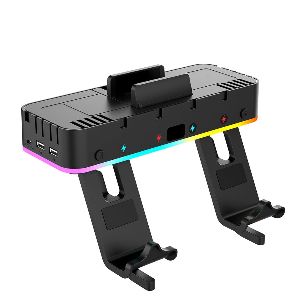 Supporto da parete RGB per Nintendo Switch con 15 modalità di illuminazione, 4 caricabatterie per controller e 2 porte USB, organizer per schede di gioco, supporto per console ABS