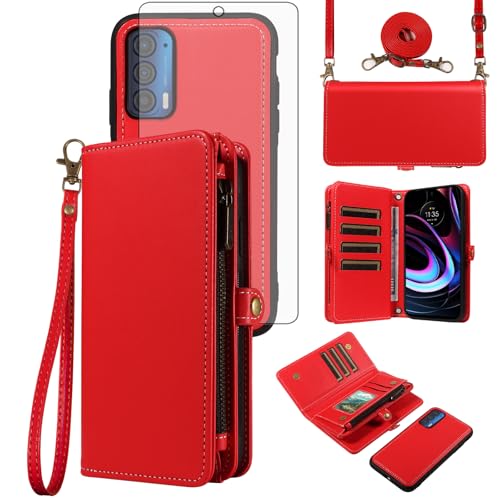 Phone Case for Motorola Moto Edge 2021/MotoEdge 5G UW 2021 Zipper Wallet Detachable Cell Cover with Tempered Glass Screen Protector Crossbody Lanyard Strap Flip Card Holder Slot XT2141-1 Red