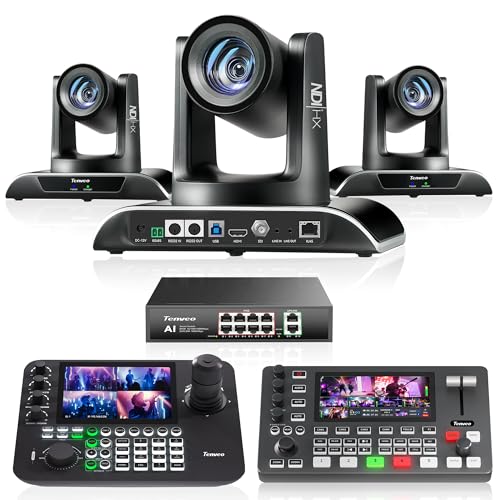 Image of Tenveo PTZ Camera Bundle/Kits - 30X NDI AI Auto-Tracking PTZ Camera(3pcs) with SDI/HDMI/USB3.0/LAN(PoE), NDI PTZ Joystick Controller, 4K HDMI +SDI Video Switcher Mixer and 8 Port Gigabit PoE Switch