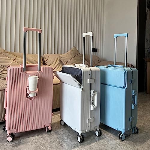 Luggage with Cup Holder High-end 24-inch Aluminum Frame Strong and Durable Trolley Case with Swivel Wheels, Travel Case (White 20 inches)4
