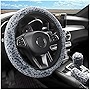 3Pcs Set Fluffy Steering Wheel Covers, Handbrake and Gear Shift Cover, 15 Inch Non-Slip Steering Wheel Protector, Soft Furry Winter Warm for Women Girls, Car Accessories for Most Cars (Gray)