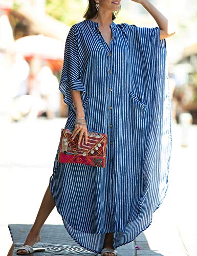 Chunoy Womens Button Down V Neck Kimono Sleeve Long Kaftan Beachwear Cover Up Maxi Dress3