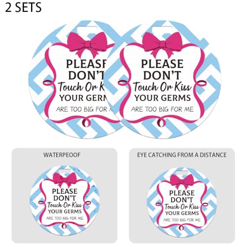 Image of 2 Pack Red Knot Bow No Touching Signs Stop No Touching Safety Sign for Family PVC Seat Signs-Stroller Tag with Hanging Strap and Clip Durable for Car Accessories 5 Inches
