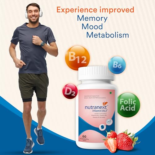 Image of Nutranext Vitamin B12 plus Chewable Tablets | with Vitamin B6, Folic Acid & Vitamin D | Supports Energy, Nerve & Brain Health | Strawberry Flavour | 60 Veg Tablets