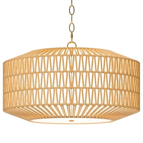 Large Fabric Basket Rattan Chandeliers for Dining Room,Woven Kitchen Lighting Fixtures Ceiling Hanging,4-Lights Coastal Boho Pendant Light Fixture,Rustic Wicker Dinning Chandelier Over Table