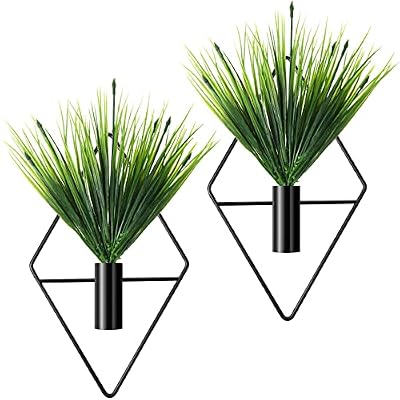 Canlierr 2 Pieces Wall Decor Hanging Planters with Artificial Plants Metal Hanging Vase Indoor Plants Holder Modern Geometric Wall Art for Home Bedroom Living Room Office