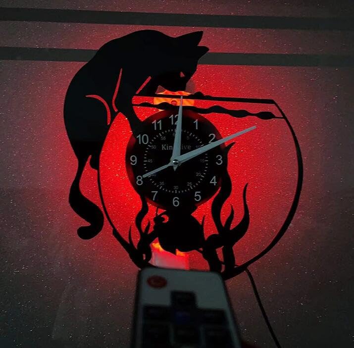 Smotly Orologio da parete in vinile, orologio da parete creativo vintage con gatto e pesce, orologio da parete fatto a mano adatto a qualsiasi decorazione da parete (con luce/regalo: gancio+sacchetto