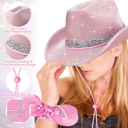 Image of Coume 12 Pcs Sparkly Adults Cowboy Hat and Bandanas Women Men Western Glitter Cowgirl Party Hats with Adjustable Drawstring
