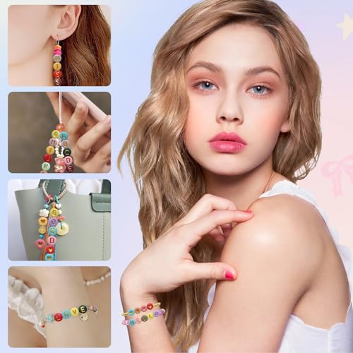 Image of Amaney 1400pcs Letter Beads 4x7mm Gold on Colors Round Acrylic Alphabet A-Z Heart Beads and Crystal Line for Jewelry Making Bracelets Necklaces Key Chains