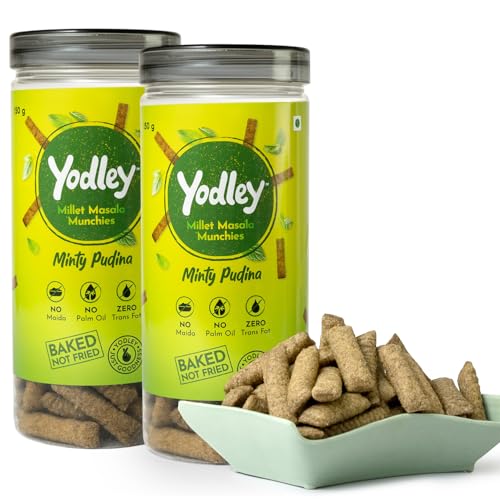 Image of Yodley Millet Masala Munchies - Minty Pudina Flavour - Pack Of 2 | Baked, Not Fried | No Maida, No Palm Oil | Zero Cholesterol | Zero Trans Fat & High In Fiber | Calcium & Iron Rich | Healthy Indian Snack - 150gm