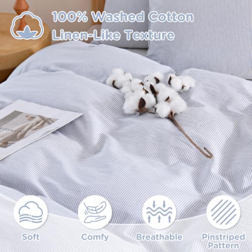 Image of TOCOMOA Blue Striped Duvet Cover Bedding Set 100% Washed Cotton Like Linen Feel Super Soft Comfy 3 Piece Pinstriped Comforter Cover Set (Queen 90 inchx90 inch, Comforter Not Included)