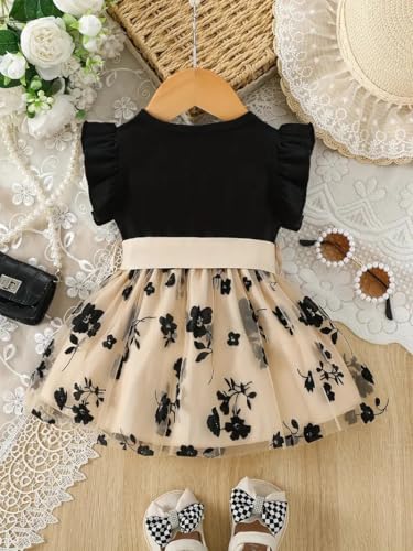Image of Girls Black & Beige Floral Party Dress with Bow | Flutter Sleeve Top & Tulle Skirt | Elegant Birthday & Wedding Frock for Kids(GW-227)