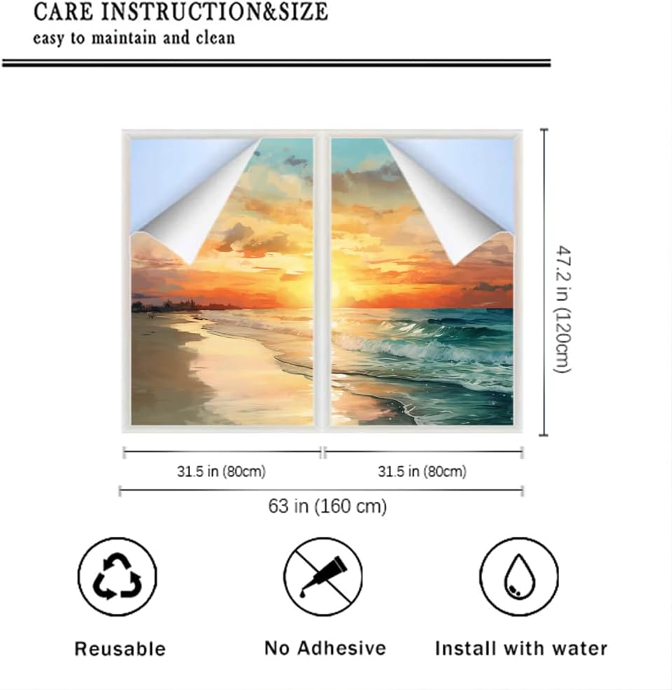 Vintage Ocean Scenery Window Film Heat Blocking Blue Seascape Sunset Beach Privacy Window Decor Glass Door Covering Self-Adhesive Window Film for Bathroom Kitchen 31.5Wx47.2L-inch x2 Pcs