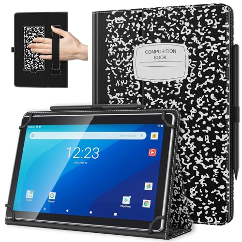 TiMOVO Custodia Universale per Tablet Android 10,1 Pollici con Anello per Penna, Cover Leggera e Pieghevole in Piedi con Cinghia a Mano per Tutti i Tablet Touchscreen da 9,6-11 Pollici, Quaderno Nero