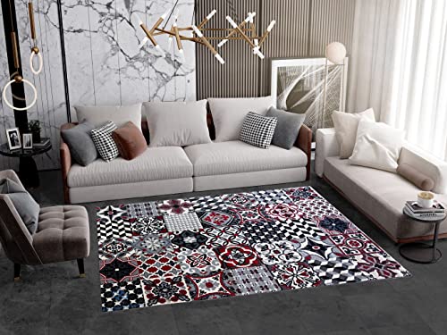 ALFOMBRAS IBERIA Alfombra de Salon Moderna y Grande con diseño de Mosaico | De Pelo Corto y 100% Lavable | Ideal para Salón, Dormitorio, Sala, Comedor o Habitaciones Grandes | (160_x_230_cm, Rojo)