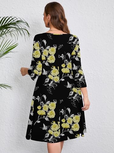 Image of AusLook Women's Plus Midi Dresses Crew Neck A Line 3 /4 Sleeves Casual Elegant Loose Wedding Vacation Dress with Pockets