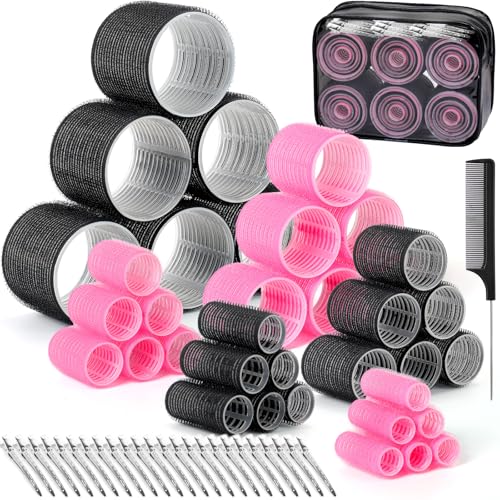 Tetutor 6 Size Hair Rollers for Women, 62 Pcs Rollers Hair Curlers for Blowout Look Long Medium Short Hair, Jumbo Large Medium Small Self Grip Curlers with 36 Roller 24 Clips 1 Storage Bag