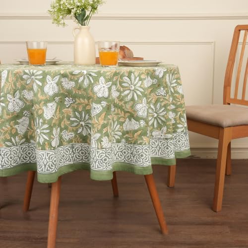 Image of Encasa XO Dining Table Cloth, Jaipuri Block Print Cotton Cover Sage Green