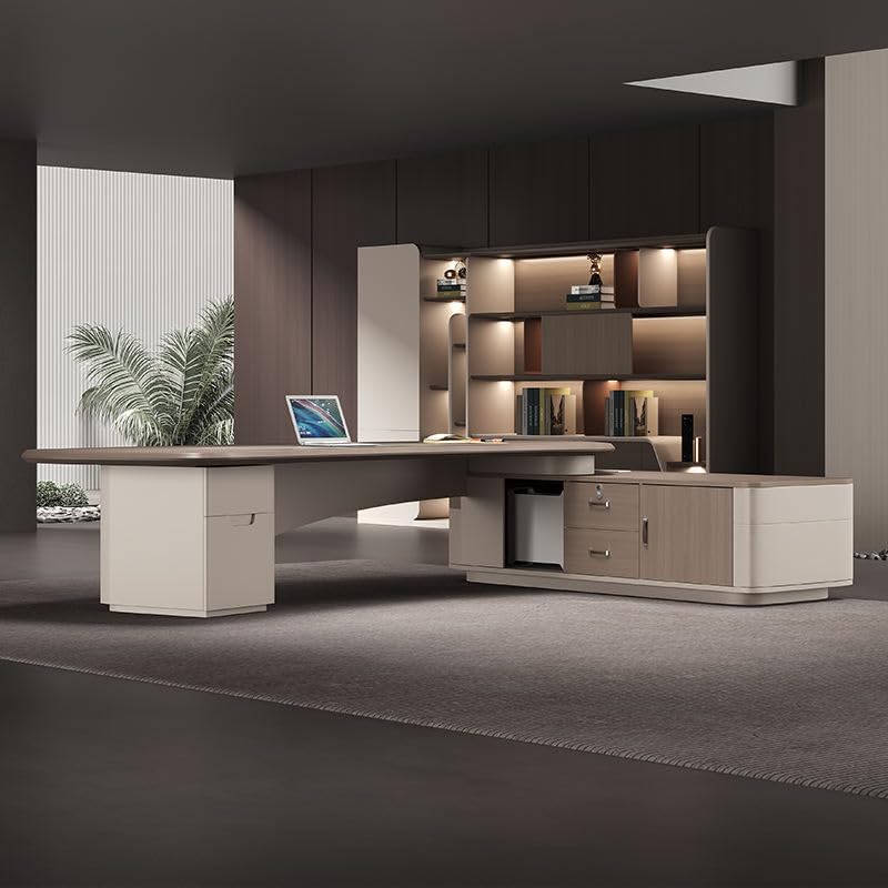 Image of Lakdi The Furniture Co Luxury Director Table with Curved Edges, Premium Beige Finish and Integrated Storage, Modern Office Desk for CEO and Director Cabins - LDL-729