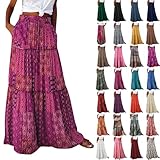 Maxi Summer Skirts for Women Boho Drawstring High Waisted Long Floral Tiered Flowy Skirt Vintage Indian African Bohemian Skirts Floor Length Pleated Cute Ladies Skirt Comfy Vacation Hawaiian Dress