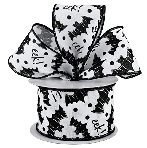 Image of Bats Eek! Halloween Wired Ribbon - 2 1 /2 inch x 10 Yards, Black & White, Wreath, Trick or Treat, Party, Haunted House, Fundraiser, Classroom, Daycare