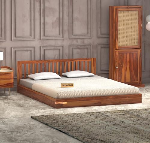 Image of SUNCOM Wooden Low Height King Size Bed Without Storage - Wooden Platform Double Bed - Space Saving Low Floor /Lying /Rise /Level /Profile Cot Bed for Bedroom - Basic Headboard (Honey Finish)