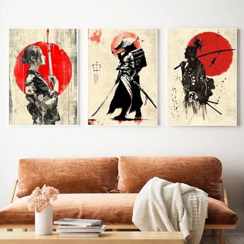 Peinture sur toile à l'encre japonaise Bushido samouraï decoration salon 30x45cm 3 pieces