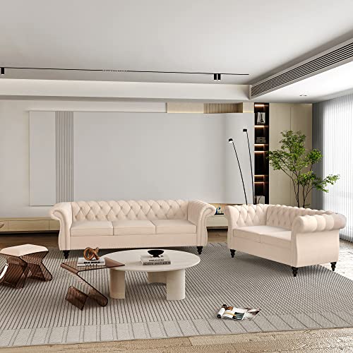 Image of ORRD 2 Piece Living Room Set, Velvet Chesterfield Sofa Loveseat Couch with Scroll Arms and Nailhead for Living Room, Office (Beige)